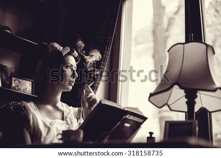 Retro Style Image. Smoking Lady In The Bar.