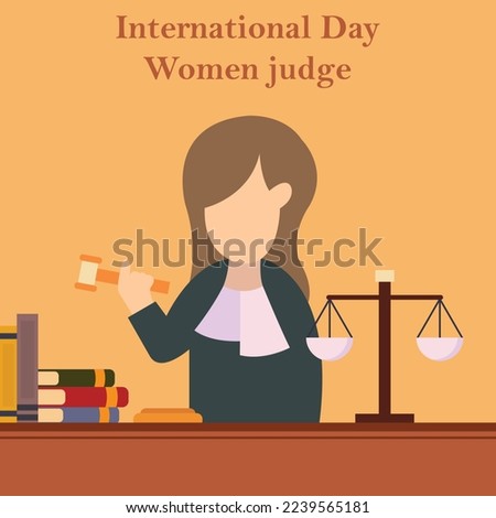 illustration vector graphic of a judge wields a gavel, displaying piles of books and scales on a table, perfect for international day, women judge, celebrate, greeting card, etc.
