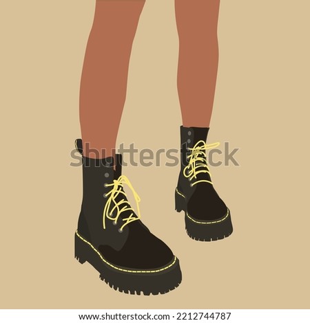 Modern shoes on women's feet. Black boots with massive soles illustration of shoes isolated on beige background. Postcard, poster, banner, sticker.