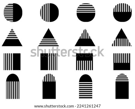 Vector illustration of geometric shapes, half solid, half linear. A set of circles, triangles, squares