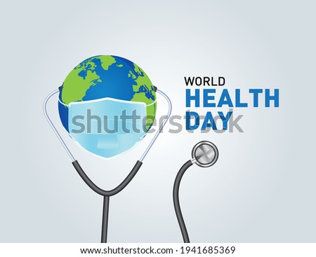 World Health Day Concept Vector Illustration. 7th April world globe with mask health concept Background. World health day concept text Poster design with doctor stethoscope. coronavirus health problem