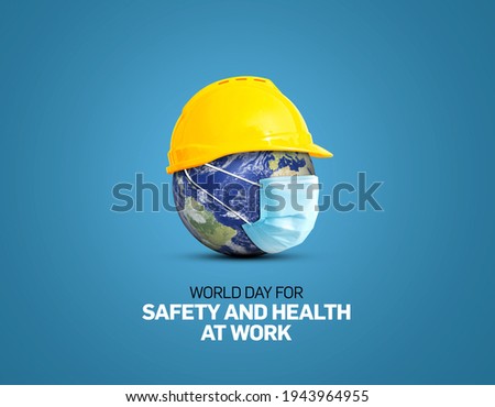 World Day for Safety and Health at Work 3d illustration concept.The planet Earth and the helmet symbol of safety and health at work place. 