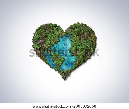 Green World Map love concept- 3D tree or forest shape of world map isolated on white background. World Map Green Planet Earth Day or Environment day Concept. Green earth with electric car. 