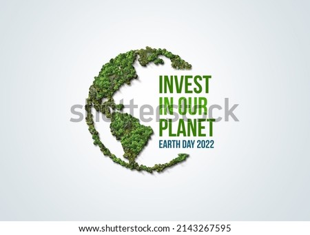 Invest in our planet. Earth day 2022 3d concept background. Ecology concept. Design with 3d globe map drawing and leaves isolated on white background.  Stockfoto © 