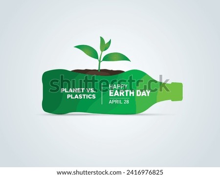 Planet vs. Plastics , Earth day 2024 concept vector tree background. A bottle of water with a green forest inside, the idea is to recycle old plastic bottles, think green.
