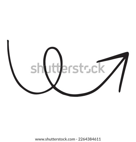 Vector black curly arrow doodle style isolated on white background. Right pointer hand drawn illustration