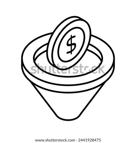 Dollar with funnel, concept of money filter isometric vector