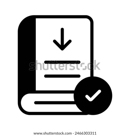 Down arrow on book with tickmark, concept icon of book download