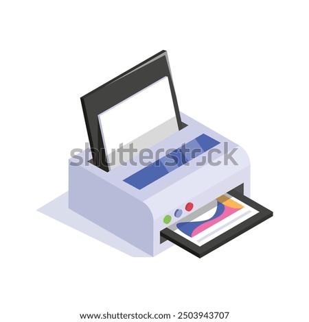 Isometric icon of a printer with paper being printed, symbolizing document production.