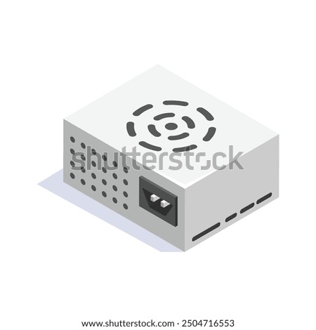 Isometric power supply unit icon, perfect for tech, electronics, and hardware designs