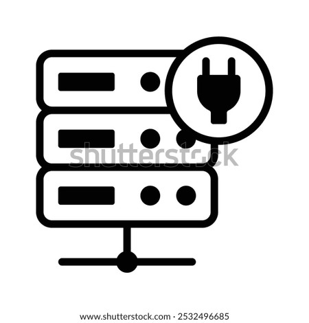 Data server with power plug denoting concept icon of database power