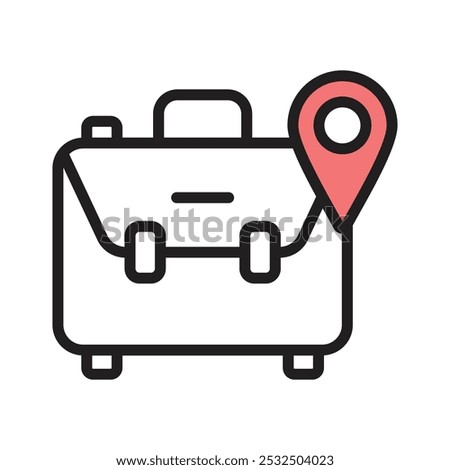 A luggage bag with a location pin represents a business location icon that is now available for downloading