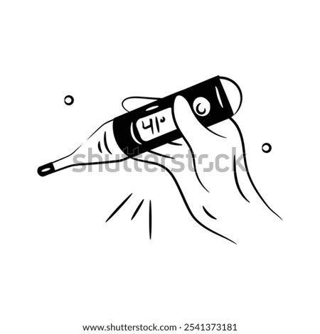 A hand holding a digital thermometer displaying a temperature of 41�C. Hand drawn icon of digital thermometer.