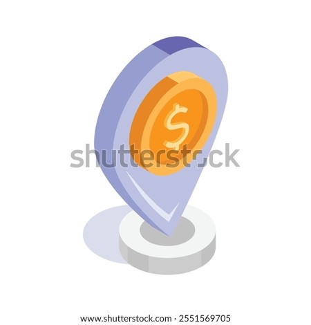 Dollar coin inside location pin showing concept isometric vector of bank location