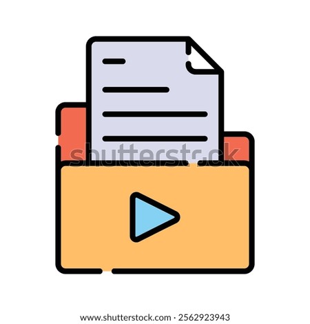 A folder with documents and a play button, indicating media files