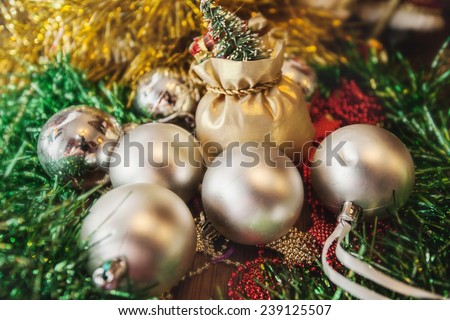 Christmas ball tinsel trumpery gold silver red green garland new year holiday gift present brilliant shiny ribbon