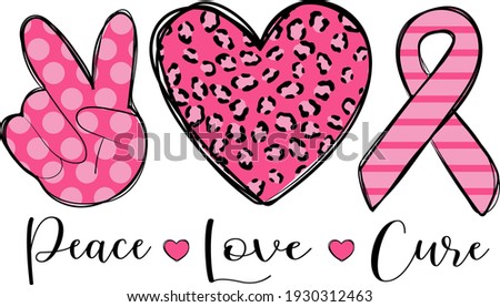 Stop cancer. Fight cancer. Motivation lettering. Peace, heart and pink ribbon illustration vector