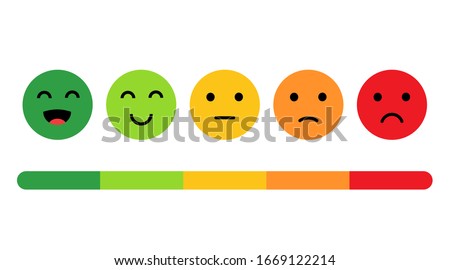 Rank, level of satisfaction rating. Face icons, Feedback in form of emotions. User experience. Review of consumer. Scale with colored segments. Vector Isolated illustration