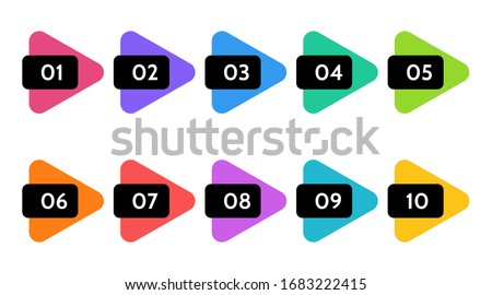 Bullet points, info markers. Triangle icon arrow set.  Number Flags 1 to 10 Flat design infographic isolated vector.