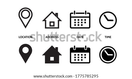 Location, Map pin, Address, date, time, contact, Calendar, home. set web icons vector line illustration