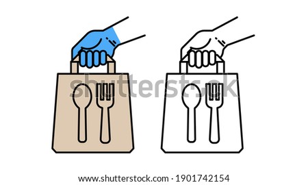 Food delivery paper bag hand icon. lunch linear style sign for mobile concept and web design. Take away fast food simple line vector . Symbol fork and spoon, logo illustration graphics.