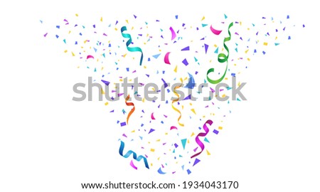 Carnival, Christmas or New Year decoration colorful party pennants for birthday , festival. Vector abstract background with many falling tiny colorful confetti pieces and ribbon.