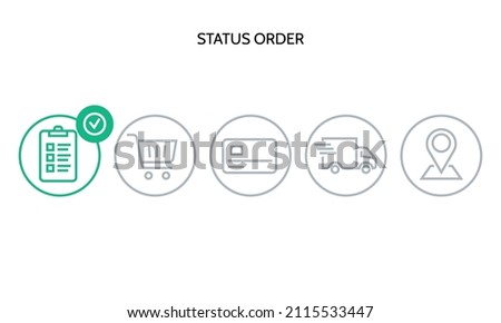 Shopping process, 5 successive steps. Order parcel processing delivery icon, Track, delivery, trace processing status sign, Stages of product tracking progress bar, element design, Vector illustration