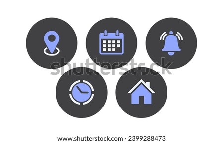 Location, Map pin, Address, date, time, Place, contact, Calendar, Notification bell set web icons vector illustration