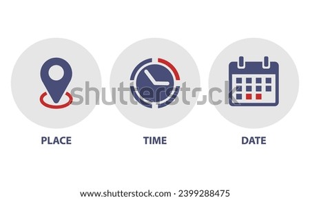 Location, Map pin, Address, date, time, Place, contact, Calendar, Notification set web icons vector illustration