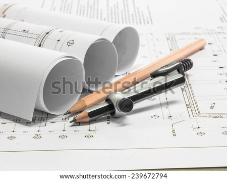 pencil no architectural blueprint of office building out of focus