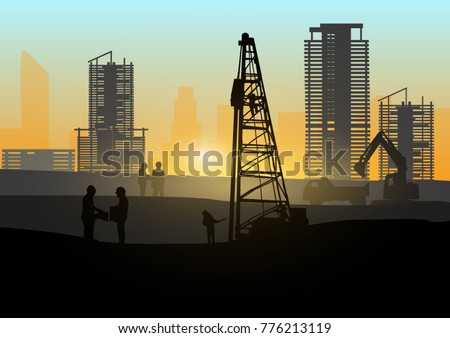 Silhouette of engineer and construction team working at site over blurred background sunset pastel for industry background with Light fair.Vector illustration template design Stock foto © 