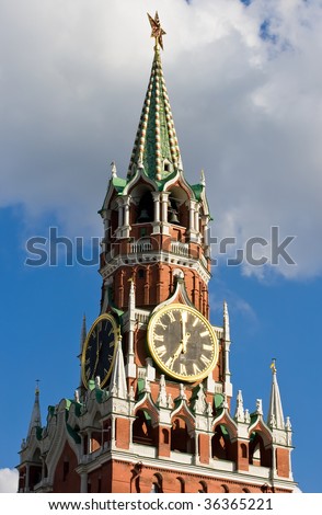 Famous Spasskaya tower with its ruby star, Moscow. Russia