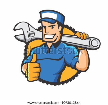 handyman holding the wrench in the form of cartoon mascot design