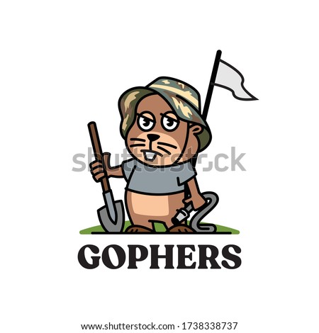 gophers mascot wearing a military hat carrying a shovel and a hose on a golf course
