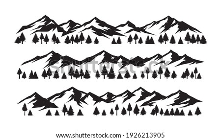 Mountains silhouettes on isolated background. set of hand drawn landscape mountain with silhouette pine trees. - Vector