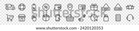 shopping line icons such as shopping bag, basket, discount, delivery, shop, location, payment, open, close, payment, wallet, package