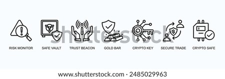 Security Asset Banner Web Icon Vector Illustration Concept With Risk Monitor, Safe Vault, Trust Beacon, Gold Bar, Crypto Key, Secure Trade, Crypto Safe