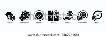 Optimizing Productivity And Service Deployment Icon Set Isolated Vector Illustration Concept With Icon Of Concept, Productivity, Available, Stock, Service, Deployment, Target In Glyph Style