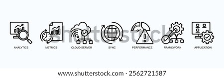 Key Concepts In Modern Technology Icon Set Isolated Vector Illustration Concept With Icon Of Analytics, Metrics, Cloud Server, Sync, Performance, Framework, Application In Outline Style