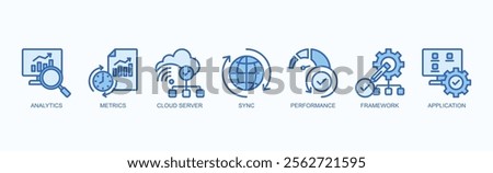 Key Concepts In Modern Technology Icon Set Isolated Vector Illustration Concept With Icon Of Analytics, Metrics, Cloud Server, Sync, Performance, Framework, Application In Blue Style