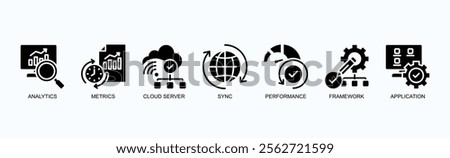 Key Concepts In Modern Technology Icon Set Isolated Vector Illustration Concept With Icon Of Analytics, Metrics, Cloud Server, Sync, Performance, Framework, Application In Glyph Style