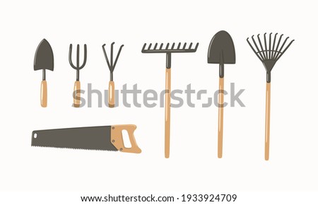 Gardening tools hand drawn vector illustration set. Garden equipment - shovel, rake, trowel, fork, cultivator, hand saw Stock fotó © 