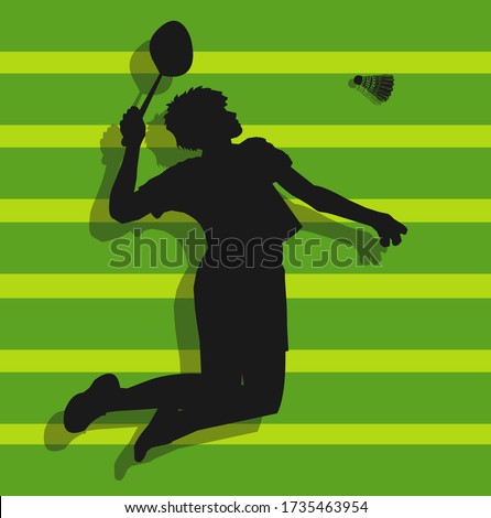 Vector style male badminton player doing smash shot with space for poster, web, leaflet, magazine