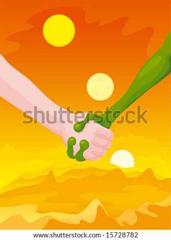 Hand shake of the person and the alien on a background of a landscape with the orange sky and three sun (vector)