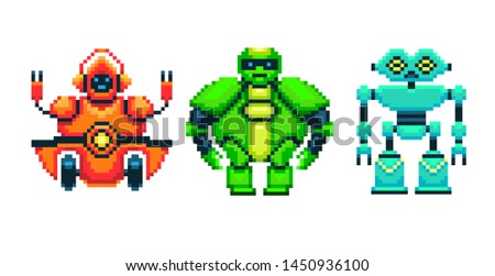 pixel robots used in games, pixel art. vector illustration