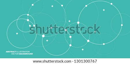 Abstract vector illustration with overlapping circles, dots and dashed circles. Science and connection concept. Wide molecule structure background.