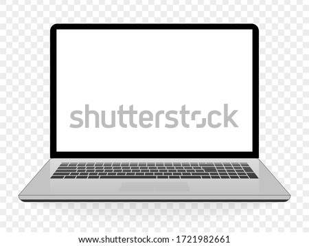 Realistic laptop on transparent background. Clean design with blank screen. White notebook mockup isolated. Computer with empty screen. Silver device with shadow. Vector illustration.