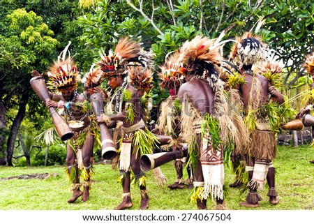 Tufi, Papua New Guinea, 4 December 2008 : Young Papuan tribal warriors dressed in traditional grass skirts, bird feather head wear, playing drums during traditional ritual dance