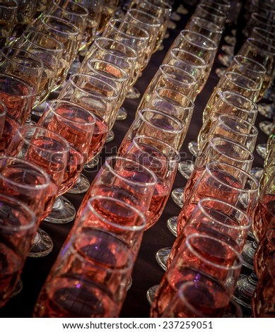 Wine glasses filled with wine lined up for a tasting