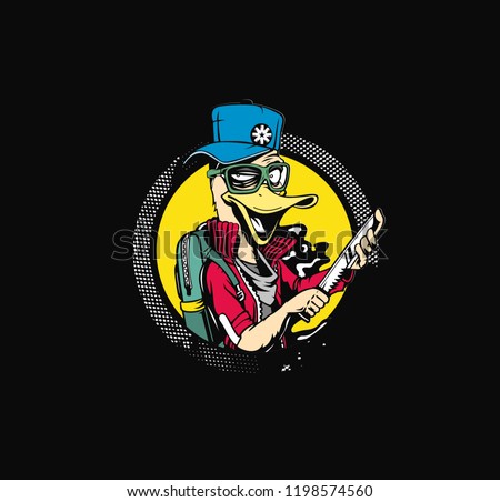 Duck thief cartoon holding knife in his hand concept for t-shirt print, vector illustration.